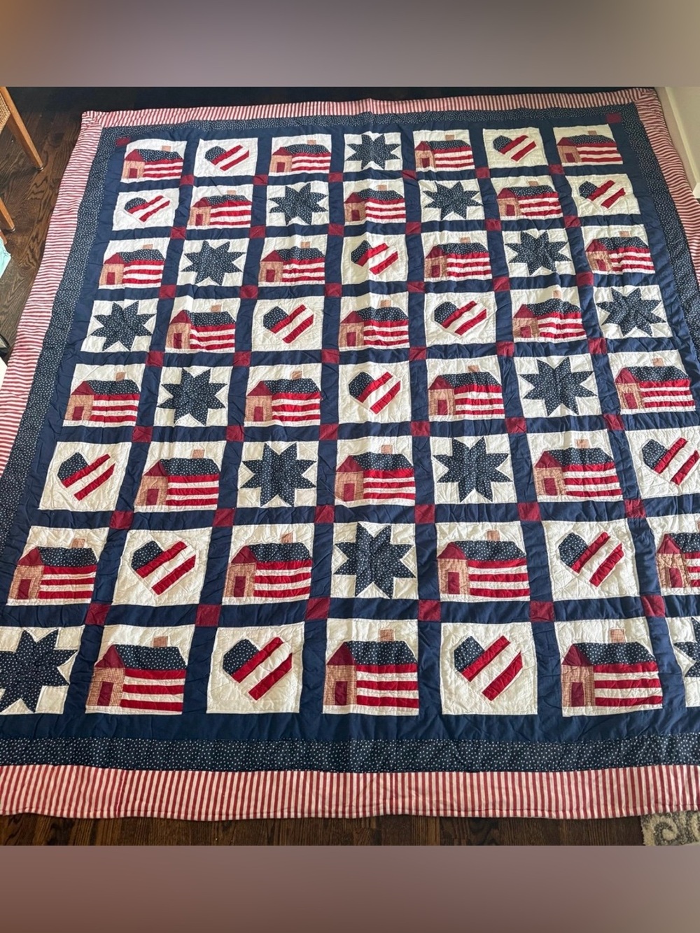 Vintage Log Cabin School House Hearts Stars Americana Folk Art Primitive Quilt